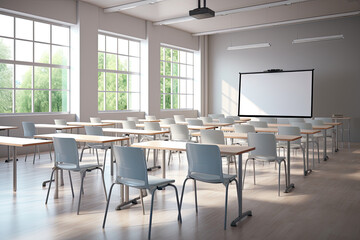 Modern educational institution with empty tables, chairs and blackboards. Ideal for focused learning and teaching. - obrazy, fototapety, plakaty
