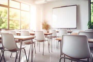 Fototapeta premium Educational setting with empty desks, chairs, blackboard. Teacher's room for training, teaching and lectures.
