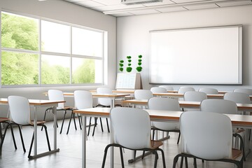 Bright modern educational space with empty tables, chairs and blackboard. An ideal classroom for focused learning.