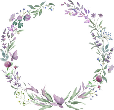 Watercolor floral wreath with lavender, clover, wildflowers, berries . Hand drawn illustration isolated on transparent background. Vector EPS.