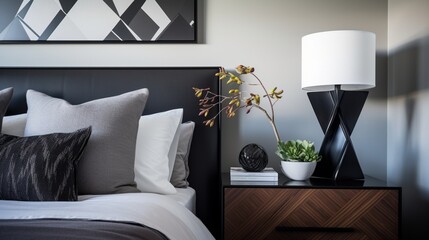 A close-up of the contemporary details in the bedroom, highlighting modern furnishings, geometric patterns, and carefully curated decor items that define the chic aesthetic.