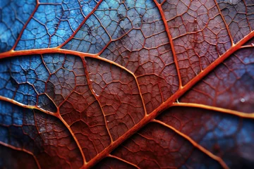 Foto op Plexiglas Macro closeup of red and blue autumn leaf texture background, Close up leaf, Macro photography, leaves with its texture veins from backside, Abstract structure, leaf skeleton © Jahan Mirovi