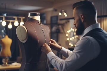 tailor using a mannequin measuring a tailor-made suit