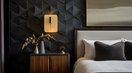 A close-up of the contemporary details in the bedroom, highlighting modern furnishings, geometric patterns, and carefully curated decor items that define the chic aesthetic.