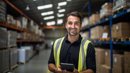 Smiling man holding a tablet looking at camera on a warehouse background