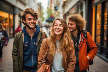 Portrait of three young people enjoying a city tour in autumn during a trip. Relationships and friends vacation concept Generative AI