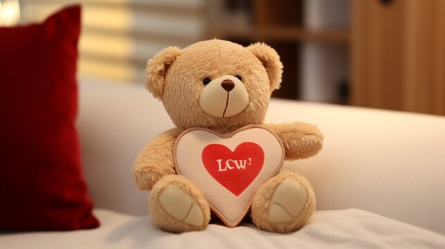 Stuffed toy teddy bear holding heart shaped pillow with ' I love you - Seni Seviyorum ' text in Turkish embroidered on it
