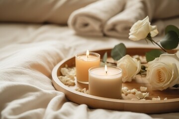 Fototapeta na wymiar Romantic Bedroom Scene with Candles and Roses