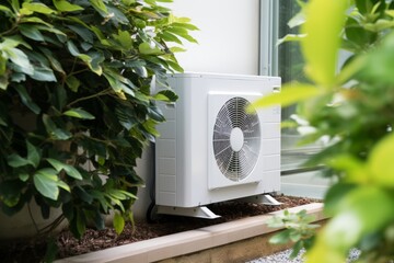 Modern Air Conditioning Unit Nestled in a Lush Garden - obrazy, fototapety, plakaty