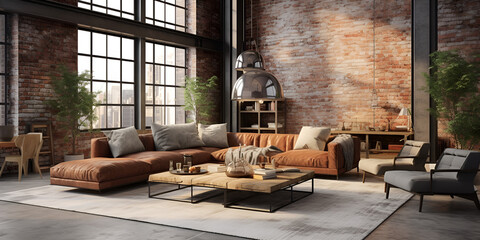 Sala de estar em estilo industrial ,  Exposed Brick Walls and Industrial Charm ,cozy living room with a rustic brick wall and a comfortable blue couch. Generative AI
