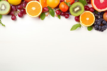 Fruchtige Umrandung - Ein kunstvoller Hintergrund mit einem Rahmen aus vielfältigen und farbenfrohen Früchten für eine gesunde und appetitliche Kulisse