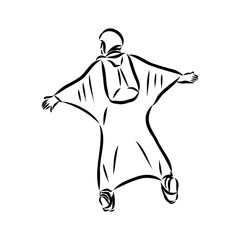 Hand drawn sketch of wingsuit in black isolated on white background.