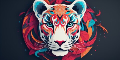 Jaguarface circle tshirt design, in the style of detailed botanical illustrations, colorful cartoon, exotic atmosphere, 2d game art, white background
