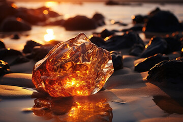 Large amber stone on the sand in the rays of sunset. Generative AI - obrazy, fototapety, plakaty