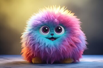 Cute multicolored furry monster 3D cartoon character. - obrazy, fototapety, plakaty
