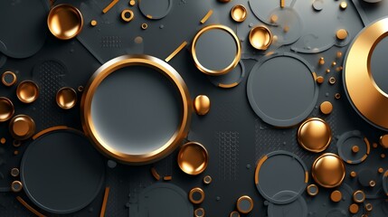 3d illustration of abstract geometric background with golden circles and dots.