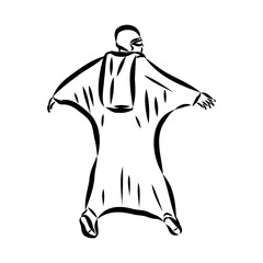 Hand drawn sketch of wingsuit in black isolated on white background.