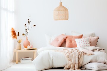 A stylish and modern bedroom with a bright interior, wooden furniture, and pastel color accents.