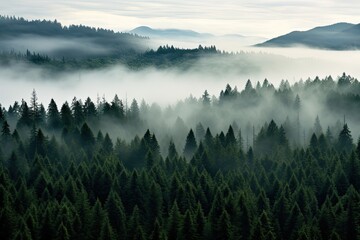 A misty and mysterious forest landscape with pine trees, creating a moody and scenic atmosphere.