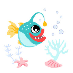 Cute anglerfish with bubbles, starfish and shellfish underwater. Vector illustration of marine life character