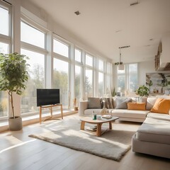 Fototapeta premium Modern Nordic Inspired Living Room Featuring White Sofa Wooden Coffee Table And Elegant Wood Flooring In 3d Visualisation Background 