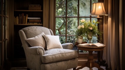 A cozy reading nook in Timeless Romance Retreat, with a plush armchair, a vintage side table, and soft textiles, providing a romantic corner for quiet moments of togetherness.