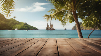 Wooden floor on sea landscape background