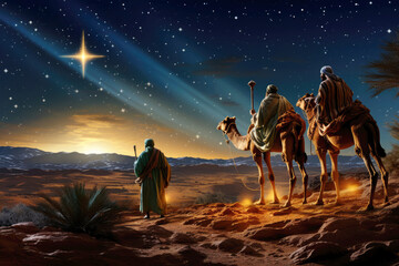 Silhouette of three wise men on camels in desert. On a background a Bright Bethlehem star. Nativity of Jesus concept. Epiphany concept - obrazy, fototapety, plakaty