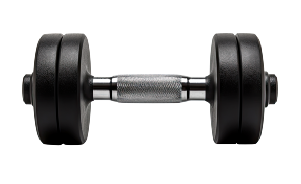 Steel dumbbell isolated on transparent background, front view