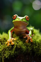 Green tree frog sitting on moss in the rainforest. Wildlife scene from nature.