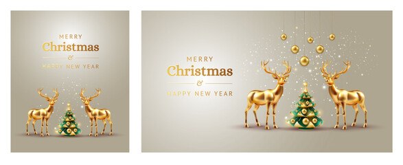 Fototapeta na wymiar Christmas cards with christmas tree, deers, snow, hanging christmas balls decoration - luxury gold color vector illustration. Happy holidays