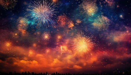 Fototapeta na wymiar Colorful festive fireworks in dark night sky. Celebration background for New Year or Independence day.