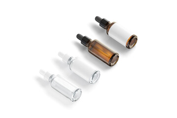 Blank transparent and amber glass dropper bottle mockup, side view