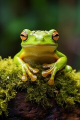 Green tree frog sitting on moss in the rainforest. Wildlife scene from nature.