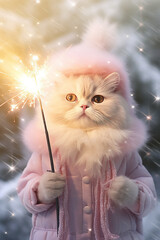 A stylish cat wearing pink coat and hat with  sparklers on snowy winter holiday background