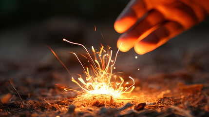 a single tiny spark being fanned on kindling to begin a small fire