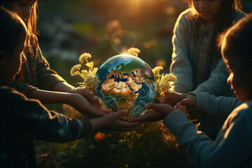 Family hold in hand globe earth outdoor sunlight, concept savenature world, Environmental...