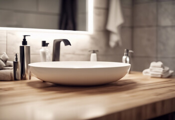 Fototapeta premium Armonia Neutra- Tavolo in Legno Vuoto in un Bagno dall'Atmosfera Rilassante