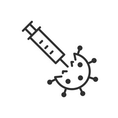 A syringe of medicine destroys the virus, linear icon. Line with editable stroke
