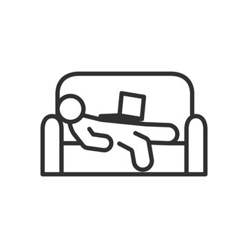 A Person Lying On A Couch With A Laptop, Linear Icon. Idleness, Idle Lying, Laziness. Line With Editable Stroke