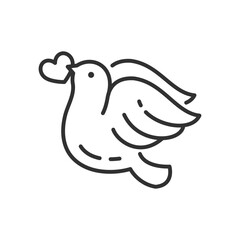 A dove with a heart, linear icon. Line with editable stroke