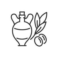 Olive oil and olives, linear icon. Line with editable stroke