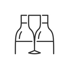 Wine bottle and glass, linear icon. Line with editable stroke
