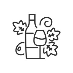 Wine bottle, linear icon, glass and grapes. Line with editable stroke