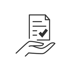 A document with a check mark in hand, icon. A checked and approved document