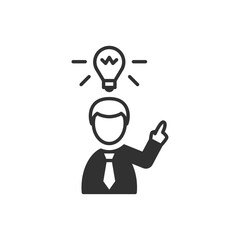 Coming up with an idea. A man and a light bulb above his head. Monochrome black and white icon