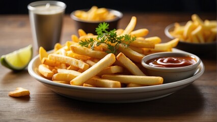 french fries with ketchup and mustard photo
