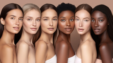 Obraz premium Beautiful women with beautiful faces. Skin care editorial. Six different types and colors of skin. Beige background. 