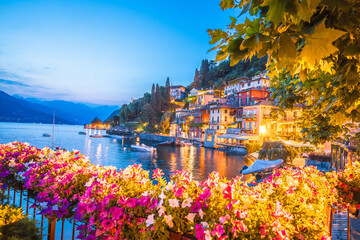 Colorful Varenna scenic lakeside waterfront and Como lake evening view, Como lake - obrazy, fototapety, plakaty