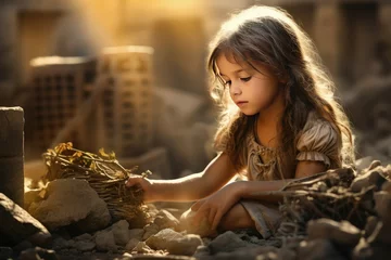 Foto op Canvas Observant Archaeologist child girl. Discovering ruins. Generate Ai © juliars